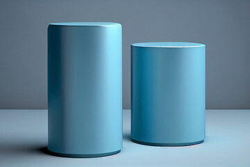 Two blue cylindrical podiums on a neutral background for product presentation in 3D rendering