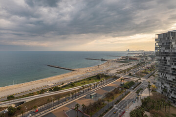 Aerial view of the beautiful landscape of Barcelona at area Diagonal Mar. Llevant and Nova Mar...
