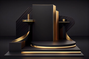 Black Friday banner background with a podium platform, black and gold stuff on a dark scene for product