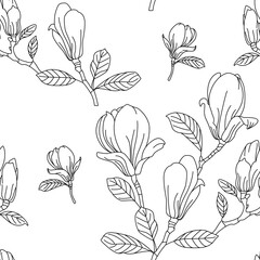 Magnolia seamless border pattern with branches and flowers. Ornament for wedding invitations or greeting cards