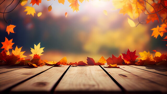 Wooden Table With Orange Leaves And Blurred Autumn Background with Generative AI.