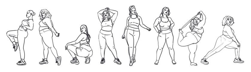 Fototapeta na wymiar A set of contours of a full female figure in a tracksuit is engaged. Outline of a silhouette of a large woman in underwear. Bodypositive female body. Vector illustration Color and contour illustration