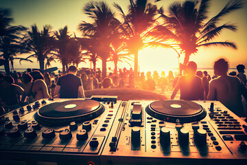 Dj mixing outdoor at beach party festival with crowd of people in background - Summer nightlife - obrazy, fototapety, plakaty