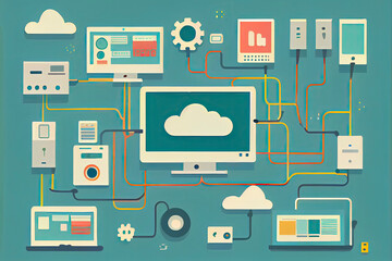 Fototapeta na wymiar Flat design vector illustration concept of computer and connected mobile devices with links