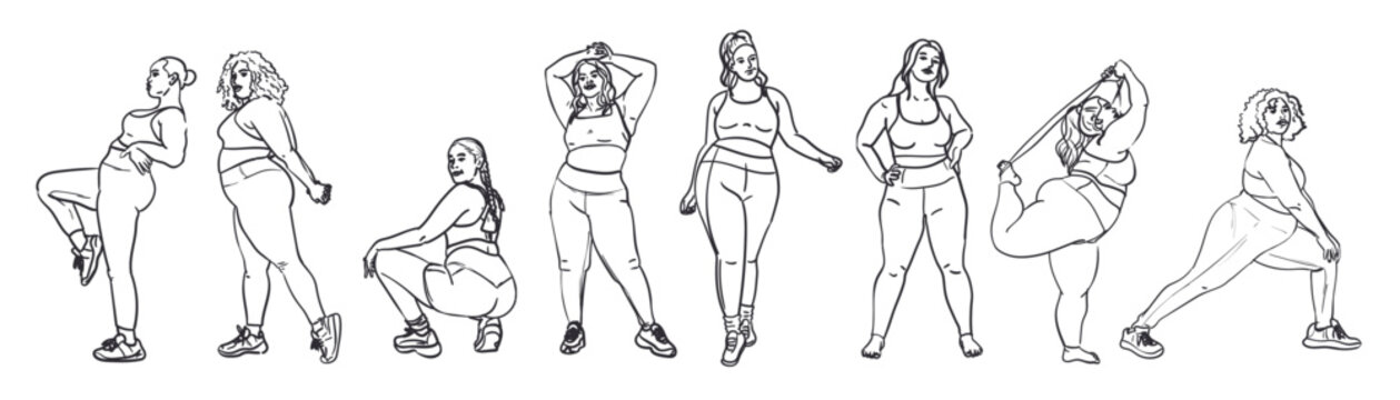 A set of contours of a full female figure in a tracksuit is engaged. Outline of a silhouette of a large woman in underwear. Bodypositive female body. Vector illustration Color and contour illustration