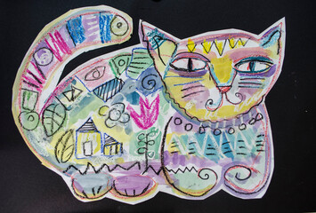 Spring cat painted in watercolor and oil pastel on a black background.