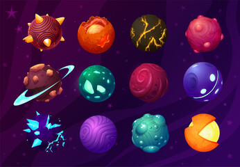 Hand -drawn set of space planets with craters, radiance, rings, bulbches, crystals, lava, mechanics, in a cartoon style.