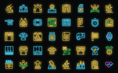 Running marathon icons set outline vector. Run people. Man activity neon color on black isolated