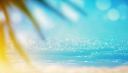 Abstract blurred ocean coast background with tropical palm leaves. Generative AI