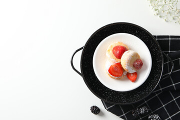 Concept of tasty sweet food, cheese pancakes, space for text