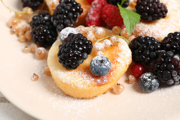 Concept of tasty sweet food, cheese pancakes, close up