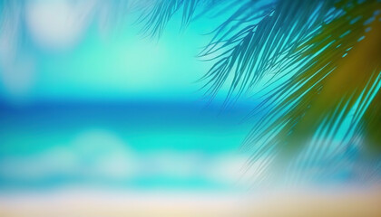 Fototapeta na wymiar Abstract blurred ocean coast background with tropical palm leaves. Generative AI