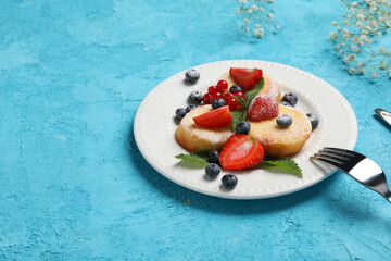 Concept of tasty sweet food, cheese pancakes, space for text