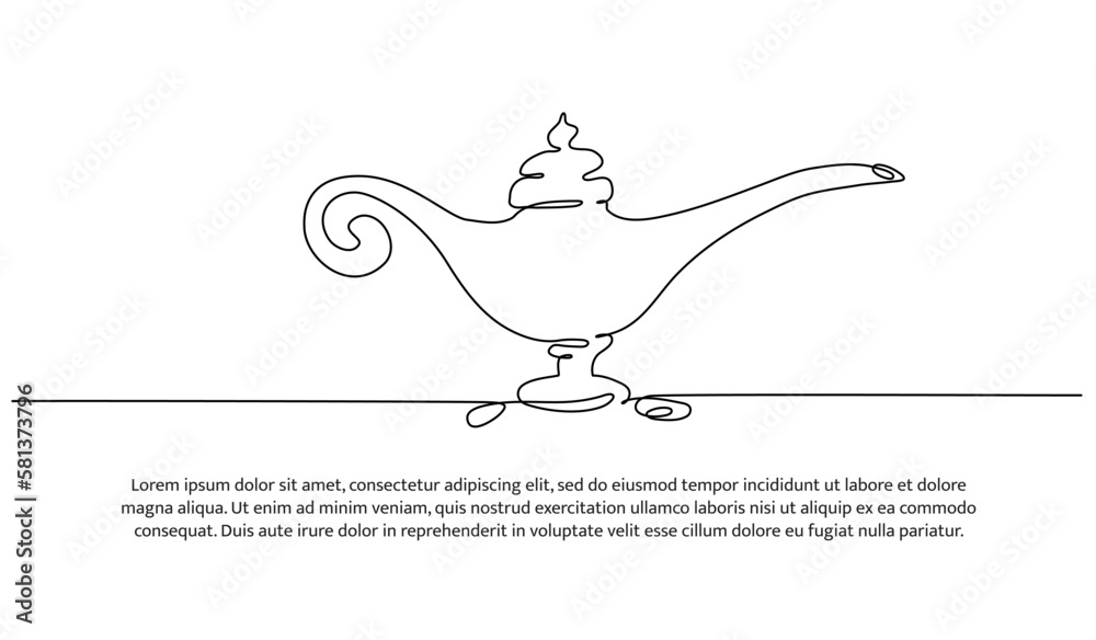 Wall mural continuous line design of aladdin magic teapot. decorative elements drawn on a white background.