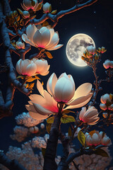 Fototapeta na wymiar magnolia flowers on branches at night with full moon