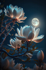 magnolia flowers on branches at night with full moon