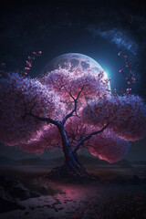 blooming sakura tree at night with full moon