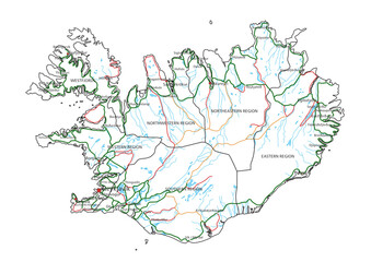 Iceland road and highway map. Vector illustration.