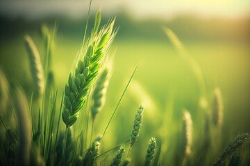 Wheat field image. View on fresh ears of young green wheat and on nature in spring summer field close up. With free space for text on a soft blurry sky background. Generative AI - obrazy, fototapety, plakaty