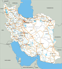 High detailed Iran road map with labeling.