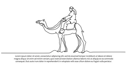 Continuous line design of man riding camel in desert. Islamic design concept. Decorative elements drawn on a white background.