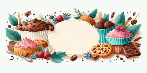 Sweet bakery frame with various pastries and space for text, perfect for confectionery advertising.