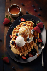 Deluxe breakfast waffles topped with ice cream and fruit, accompanied by syrup for a luxurious meal.