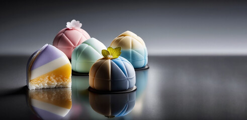 Japanese dessert wagashi. Pastel-colored bean paste desserts on reflective surface, modern sweet delicacies with a twist.