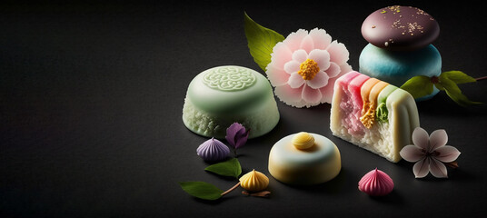 Japanese dessert wagashi. Assorted traditional Japanese desserts with floral elements, presented on a dark background.