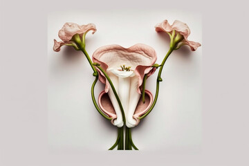 uterus illustration in flowers. Creative arrangement of calla lilies resembling a human uterus on a clean white background.