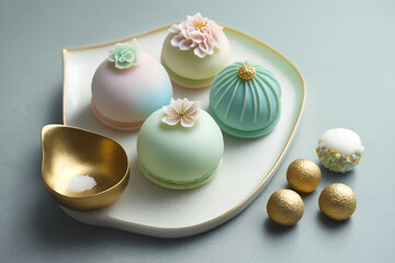 Japanese dessert wagashi. Designer pastries on a ceramic plate paired with gold chocolate balls for an elegant dessert option.