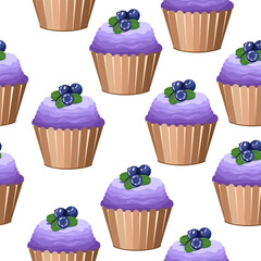 Seamless pattern cream cake decorated with blueberries on a white background.Vector pattern for restaurant menus,pastry shops,backgrounds,textiles.