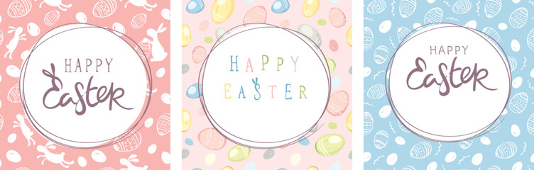 Set of postcards -- Happy Easter. Funny backgrounds for label or cards. Vector illustrations in a cartoons style.