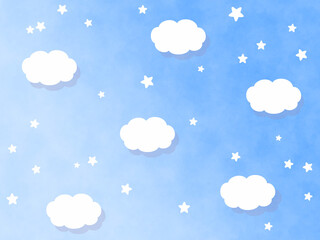 Light blue gradation sky with floating clouds and stars Fantasy background material