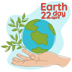 Happy Earth Day. Light male hands hold the globe, the earth, a growing branch. The concept of Earth Day. A modern illustration in the style of a flat cartoon. Simple illustration with colored lines
