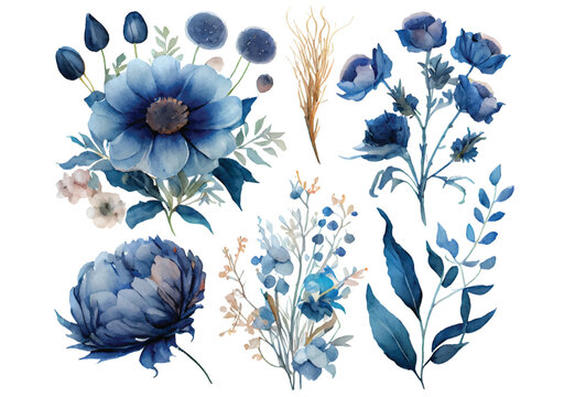 Blue Watercolor leaves and flowers floral arrangement set	