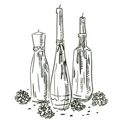A hand-drawn sketch of the decor for serving dinner at a wedding ceremony. Decoration for the wedding ceremony. Beautiful bottles with candles and cones. Serving for a holiday. On a white background