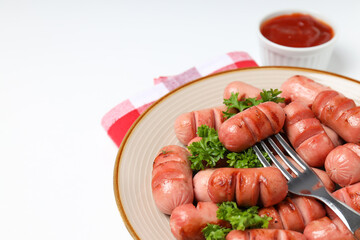 Concept of tasty food, grilled mini sausage, space for text