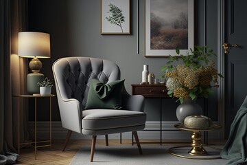 Interior of stylish living room with grey armchair, table and lamp. Generative AI