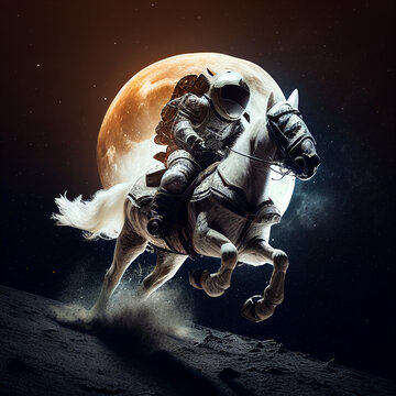 Medieval warrior on a horse with space suits  and the moon