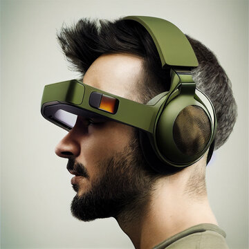 a man wearing olive green futuristic matt finish high tech head phones with VR transparent screen over eyes
