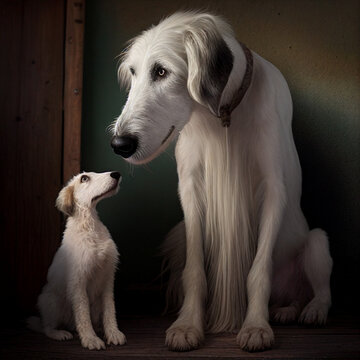 Russian Wolfhound with extra long nose sits next to its puppy