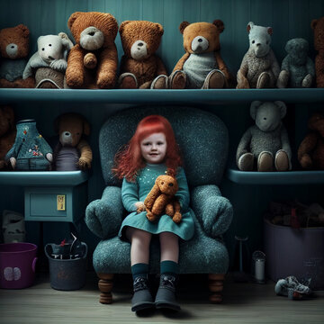 a red haired child sitting on the chair in a room full of teddy bears and dolls on large wall shelves
