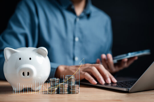 Businessman saving money in piggybank goal achievement chart graph and arrows. Funds and stock Investment profits. assets, wealth, lucrative. Purchase insurance and investing for retirement