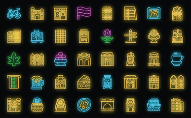 Amsterdam icons set outline vector. Europe house. Facade architecture neon color on black isolated