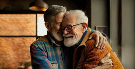 AI illustration of a two gay seniors hugging - obrazy, fototapety, plakaty