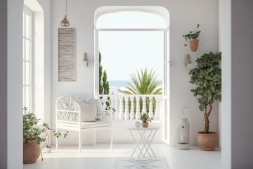 Fototapeta na wymiar Modern interior design of balcony with white furniture. Super photo realistic background, generative ai illustration