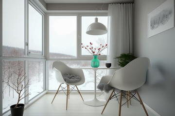 Modern interior design of balcony with white furniture. Super photo realistic background, generative ai illustration