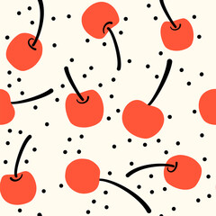 Cute abstract seamless vector pattern background illustration with red cherries and black dots