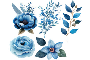 Blue Watercolor leaves and flowers floral arrangement set	
